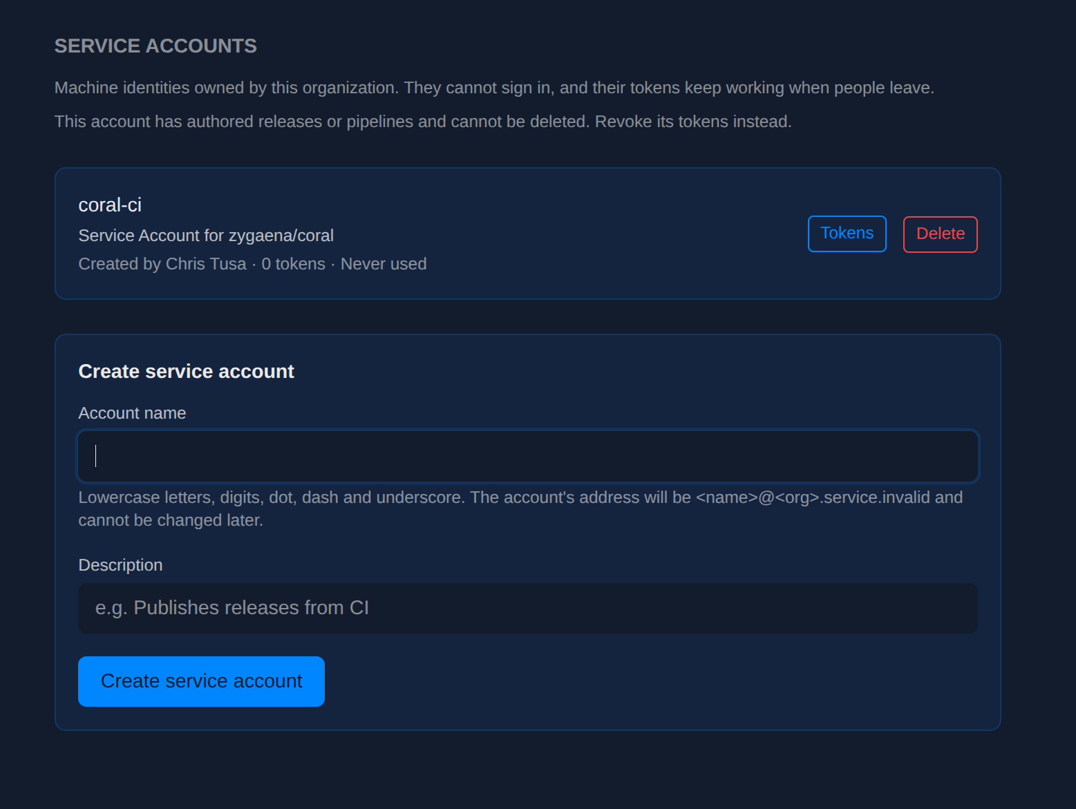 The Service accounts page, listing an existing account and the create form