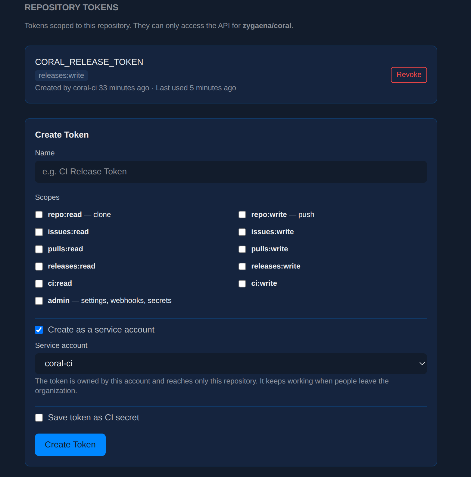 The repository token form with Create as a service account ticked